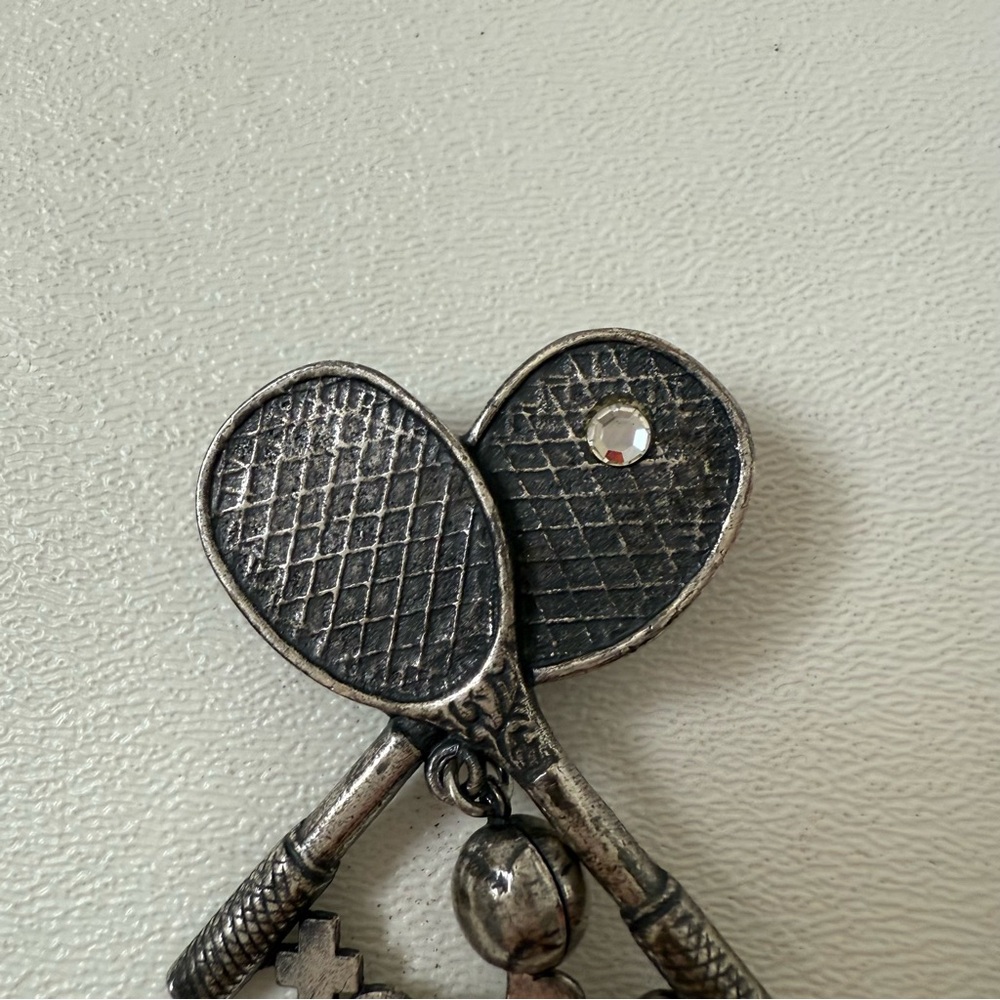 Vintage Tennis Racket Brooch Tennis Bum Rhinestone Tennis Ball Pin - Picture 2 of 5